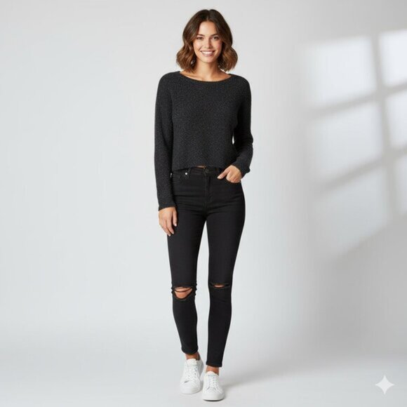 BCBG Women's Ida Sweater Cropped Wool Blend Pullover Fuzzy Black Size Small - Picture 3 of 13